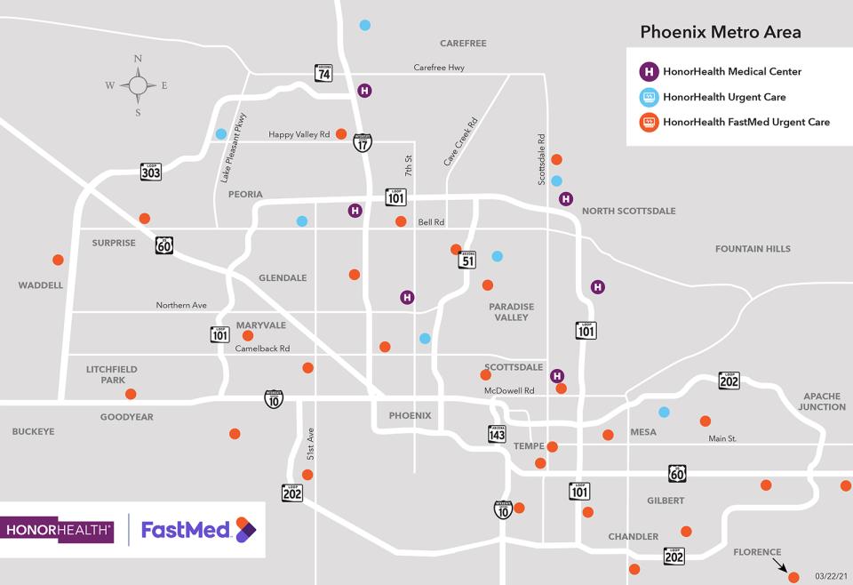 Phoenix area HonorHealth and HonorHealth FastMed urgent care locations (map)