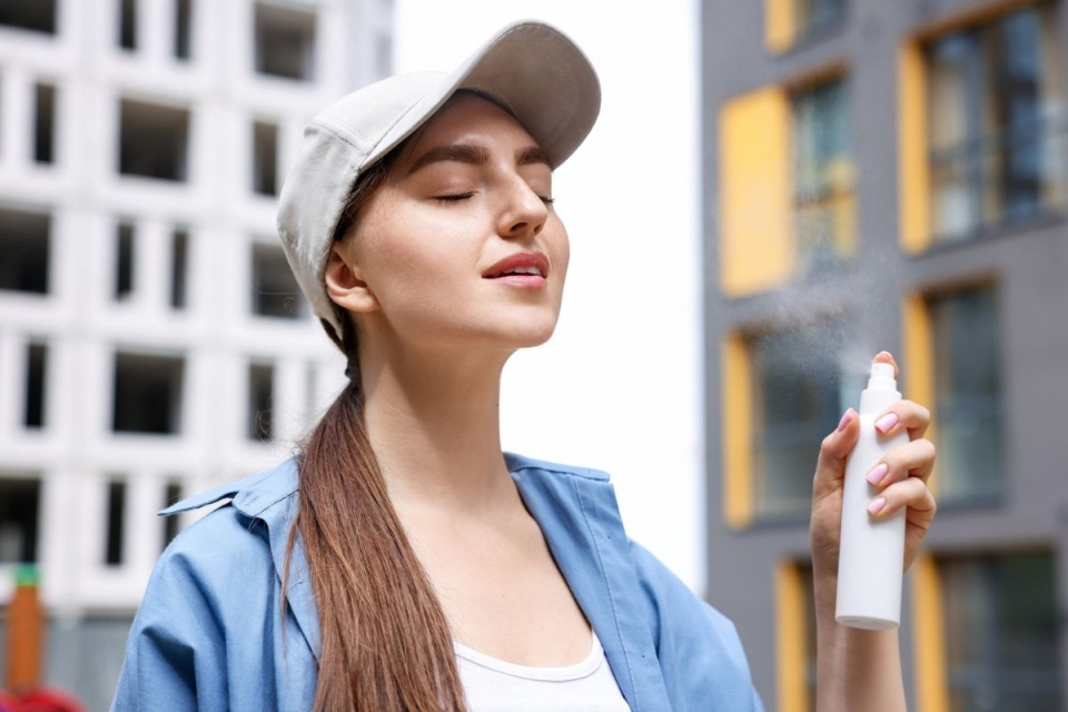 HonorHealth Dermatology - Woman sprays sunscreen on face before going to a Spring Training baseball game.