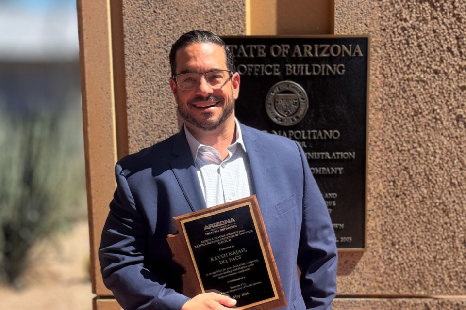 Kaveh Najafi, DO, trauma medical director at HonorHealth Scottsdale Osborn Medical Center, named the 2026 Arizona Trauma Medical Director of the Year (Level I Trauma Center).
