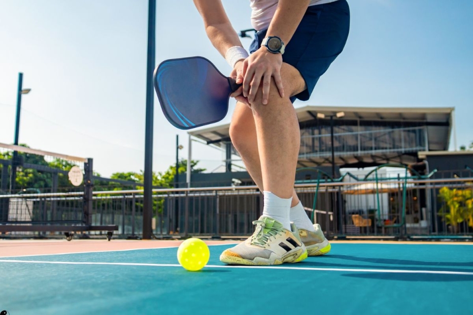HonorHealth Sports Medicine - Man grips painful knee on court due to pickleball injury.
