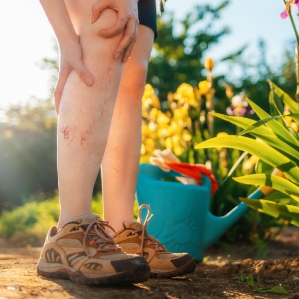HonorHealth Heart Care - Vascular - Person in a garden holding their lower leg — visibly showing bulging varicose veins and minor skin irritation.