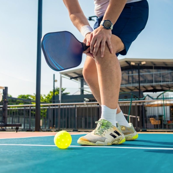 HonorHealth Sports Medicine - Man grips painful knee on court due to pickleball injury.
