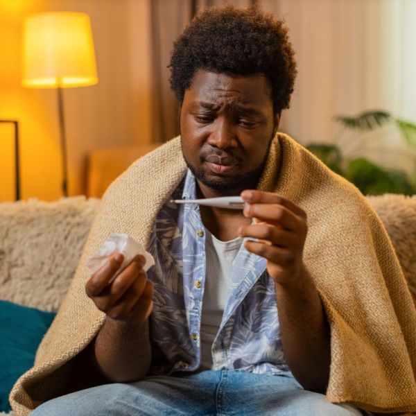 HonorHealth Primary Care - Man takes temperature with thermometer while sitting on couch with a blanket draped over his shoulders.