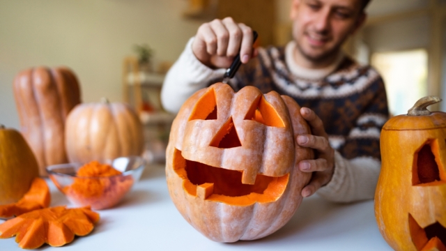 Man happily carves pumpkin with smile on face.