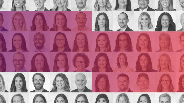 A grid of smiling APP headshots against a neutral background, partially overlaid with a pink and purple HonorHealth logo styling.