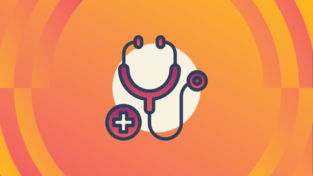 Stethoscope and medical cross icon on an orange background.