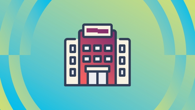 Hospital building icon on a blue-green background.