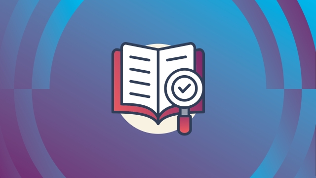 Open book with a magnifying glass icon on a blue background.